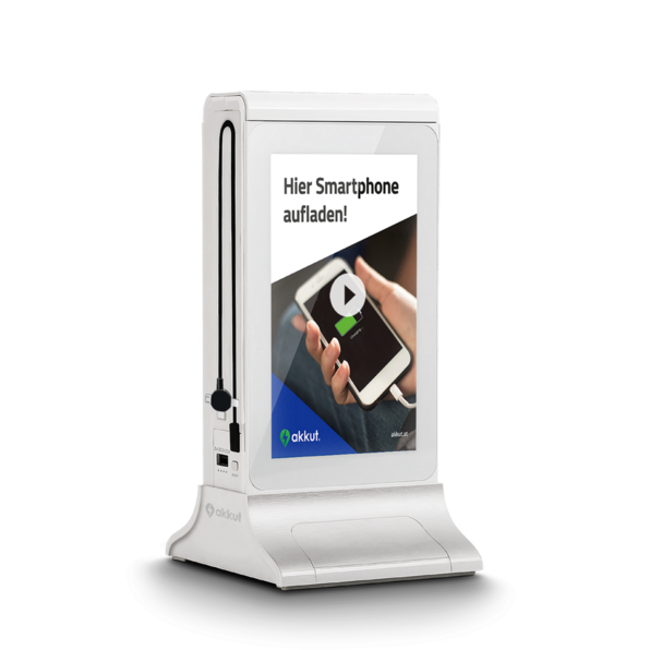 Digitaler Tischaufsteller DOUBLESCREEN mit Akku und Handy-Ladekabel