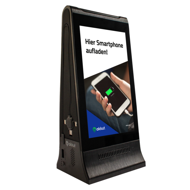 Digitaler Tischaufsteller DOUBLESCREEN PEAK mit Akku und Handy-Ladekabel