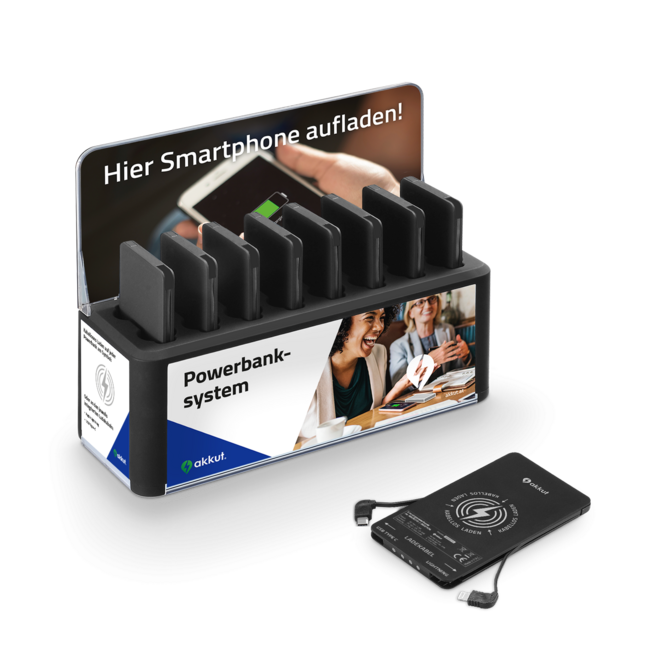 Powerbank-Station FLEXIBLE BANK 8 Qi mit Handy-Ladekabel und Wireless Charging Powerbank-Station FLEXIBLE BANK 8 Qi mit Handy-Ladekabel und Wireless Charging