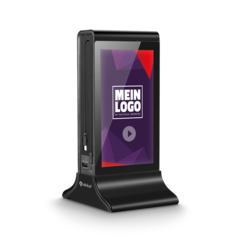 Digitaler Tischaufsteller DOUBLESCREEN mit Akku und Handy-Ladekabel