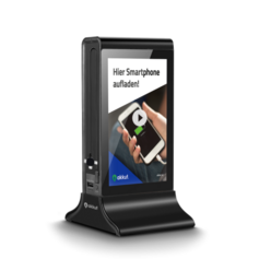 Digitaler Tischaufsteller DOUBLESCREEN mit Akku und Handy-Ladekabel