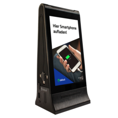Digitaler Tischaufsteller DOUBLESCREEN PEAK mit Akku und Handy-Ladekabel